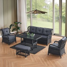 EVDEMO Paris Rattan Puflu Bahçe Balkon Takımı 3+1+1 Cam Masalı Antrasit