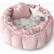 Jaju Baby Pembe Örgü ve Geyik Desen Kombinli Tasarım Açılır - Kapanır Oyun Minderi Bebek Yuvası