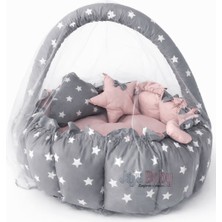 Jaju Baby Gri Yıldız Pudra Tasarım Lüx Oyun Minderi Babynest Cibinlik Tül Oyuncak Aparat Set