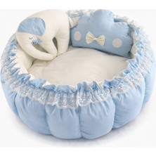 Jaju Baby Mavi Beyaz Fil Detaylı Açılır Oyun Minderi & Bebek Yuvası (80–120 Cm) Babynest