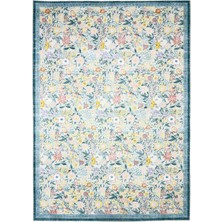 Kilim Home Flora Pastel Mavi Pembe Sarı Floral Bahçe Desenli Yıkanabilir Pamuk Taban Oturma Odası Halısı 501