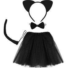 Zenvia Kedi Eteği Tacı Kuyruğu ve Papyon Seti Siyah Renk Çocuk Boy