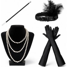 Ecoport 1920’LER Çarliston Aksesuar Seti – Inci Kolye, Eldiven, Sigara Tutucu, Siyah Saç Bandı