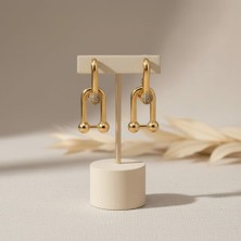 Allivo Altın Renk Taş Detaylı Geometrik Sallantılı Çelik Küpe