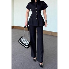 Neşeli Butik Kadın Siyah Gold Düğme Detaylı Peplum Kesim Premium Takım NBSTR4423