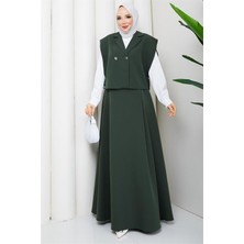 Neşeli Butik Kadın Yeşil Düğme Detaylı Yelek Bluz Etek Üçlü Tesettür Takım NBFT007
