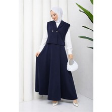 Neşeli Butik Kadın Lacivert Düğme Detaylı Yelek Bluz Etek Üçlü Tesettür Takım NBFT007