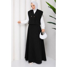 Neşeli Butik Kadın Siyah Düğme Detaylı Yelek Bluz Etek Üçlü Tesettür Takım NBFT007