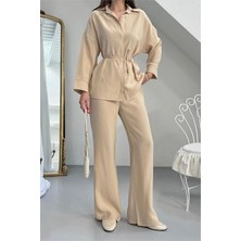 Neşeli Butik Kadın Bej Gömlek Yaka Bağlama Detaylı Ikili Takım NBG125