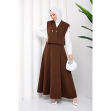 Neşeli Butik Kadın Kahverengi Düğme Detaylı Yelek Bluz Etek Üçlü Tesettür Takım NBFT007