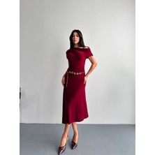 Cemo Kadın Omzu Açık Drapeli Midi Elbise