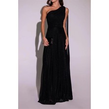 Neşeli Butik Kadın Siyah Tek Omuz Pilise Detaylı Simli Tül Kumaş Abiye Elbise NBSWLL16