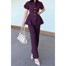 Neşeli Butik Kadın Mürdüm Gold Düğme Detaylı Peplum Kesim Premium Takım NBSTR4423