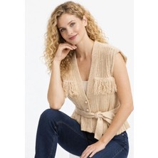 Cemo Kadın Bej Püskül Detaylı Kemerli Triko Yelek