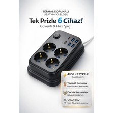 Matechno Akım Korumalı 4’lü Priz 2x Usb-C 4x Usb-A Şarj 2m Kablo Uzatma Çocuk Korumalı Çoklu Priz