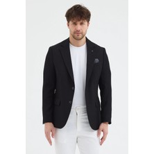 Frappoli Sorex Erkek Siyah Poliviskon Kumaşlı Slim Fit Kendinden Mendilli Mono Yaka Spor Blazer Ceket