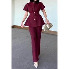 Neşeli Butik Kadın Bordo Gold Düğme Detaylı Peplum Kesim Premium Takım NBSTR4423