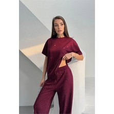 Neşeli Butik Kadın Bordo Taş Detaylı Ikili Basic Takım NBG126