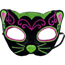 Zenvia Siyah Kadife Kaplama Üzeri Pembe Yeşil Sim Işlemeli Kedi Maskesi 20X13 cm