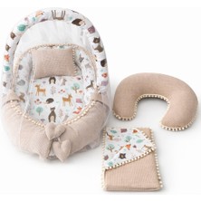 Jaju Baby Waffle Pike Kumaş ve Orman Müslin Kumaş Ponponlu 6 Parça Babynest Set