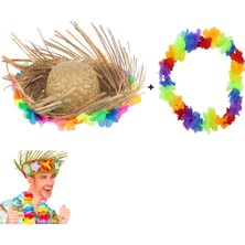 Zenvia Hawaii Tarzı Tropikal Çiçekli Hasır Şapka ve Çiçekli Hawaii Kolye