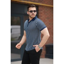 Meğdaix Erkek Çizgili Fermuar Yakalı Kısa Kollu Tişört