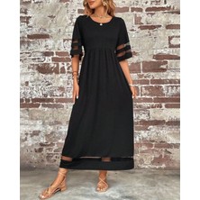 Stelol Kadın Kısa Kollu Bisiklet Yaka Tül Detaylı Janjan Krep Maksi Elbise