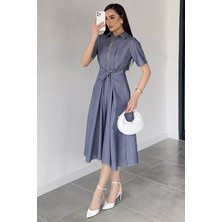 Gülseli Kadın Polo Yaka Ön Fermuarlı Bel Bağlamalı Elbise P-00020934