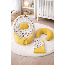 Jaju Baby Sarı Örgü Pike Kumaş ve Orman Müslin Kumaş Ponponlu 6 Parça Babynest Set