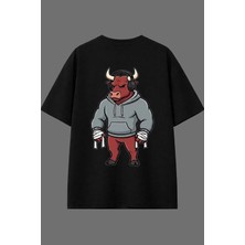 Vsrn Kızgın Boğa Tasarım Arka Baskılı Siyah Oversize T Shirt