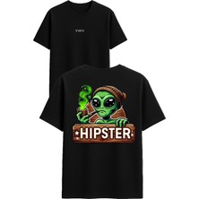 Vsrn Bereli Uzaylı Tasarım Baskılı Siyah Oversize T Shirt