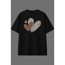 Vsrn Love Leopat Tasarım Arka Baskılı Siyah Oversize T Shirt