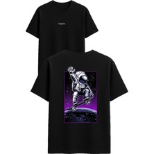 Vsrn Kaykaycı Astronot Tasarım Baskılı Siyah Oversize T Shirt