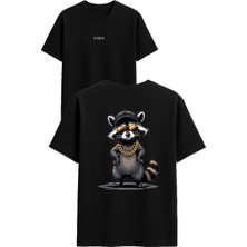 Vsrn Altın Zincirli Rakun Tasarım Baskılı Siyah Oversize T Shirt
