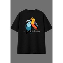 Vsrn Muhabbet Kuşları Tasarım Arka Baskılı Siyah Oversize T Shirt
