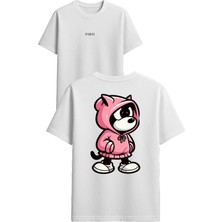 Vsrn Pembe Kapşonlu Tasarım Baskılı Beyaz Oversize T-Shirt