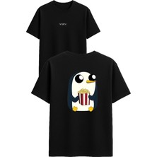 Vsrn Mısır Yiyen Penguen Tasarım Baskılı Siyah Oversize T Shirt