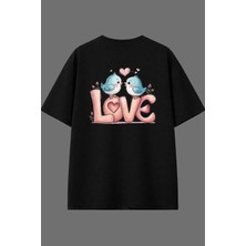 Vsrn Love Kuşlar Tasarım Arka Baskılı Siyah Oversize T Shirt