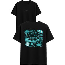Vsrn Meet Me At The Shore Tasarım Baskılı Siyah Oversize T Shirt