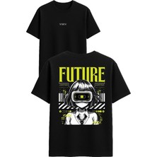 Vsrn Future Tasarım Baskılı Siyah Oversize T Shirt