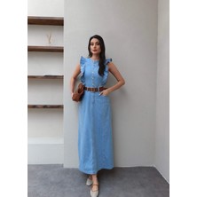 Esra Helvacı Kemerli Fırfır Detay Denim Elbise