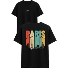 Vsrn Paris Figürleri Tasarım Baskılı Siyah Oversize T Shirt