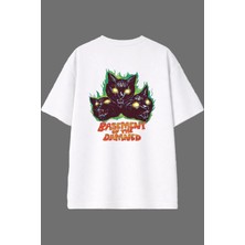 Vsrn Zombi Kediler Tasarım Arka Baskılı Beyaz Oversize T Shirt