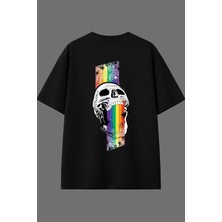 Vsrn Renkli Iskelet Tasarım Arka Baskılı Siyah Oversize T Shirt