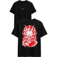 Vsrn Kırmızı Şeytan Tasarım Baskılı Siyah Oversize T Shirt