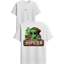 Vsrn Bereli Uzaylı Tasarım Baskılı Beyaz Oversize T-Shirt