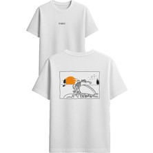 Vsrn Köylü Motor Tasarım Baskılı Beyaz Oversize T Shirt