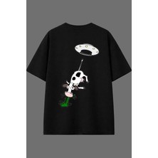 Vsrn Inek Uzayda Tasarım Arka Baskılı Siyah Oversize T Shirt