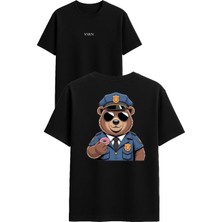 Vsrn Donat Yiyen Ayı Tasarım Baskılı Siyah Oversize T Shirt