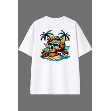 Vsrn Iskelet Kafa Tasarım Arka Baskılı Beyaz Oversize T Shirt